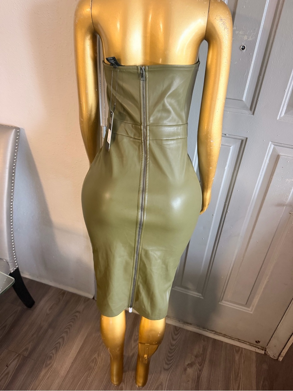 Fashion Nova Olive Strapless Faux-Leather Cutout Midi Dress - Picture 6 of 6